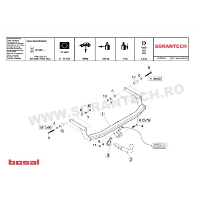 CARLIG REMORCARE BOSAL/ORIS PENTRU DUSTER1 PH1 + INSTALATIE ELECTRICA