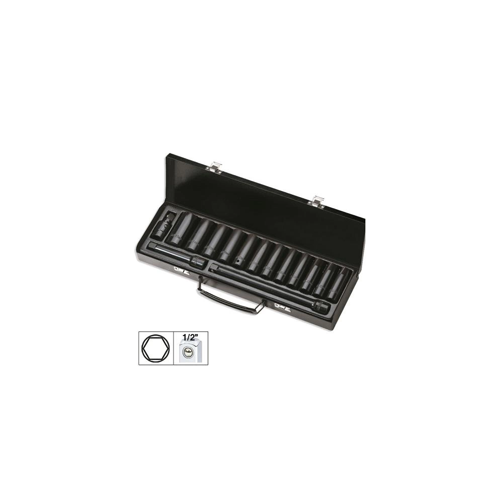 SET DE 15 PIESE DE IMPACT CU 12 TUBULARE LUNGI DE 1/2` HEXAGONALE + ADAPTOARE JBM