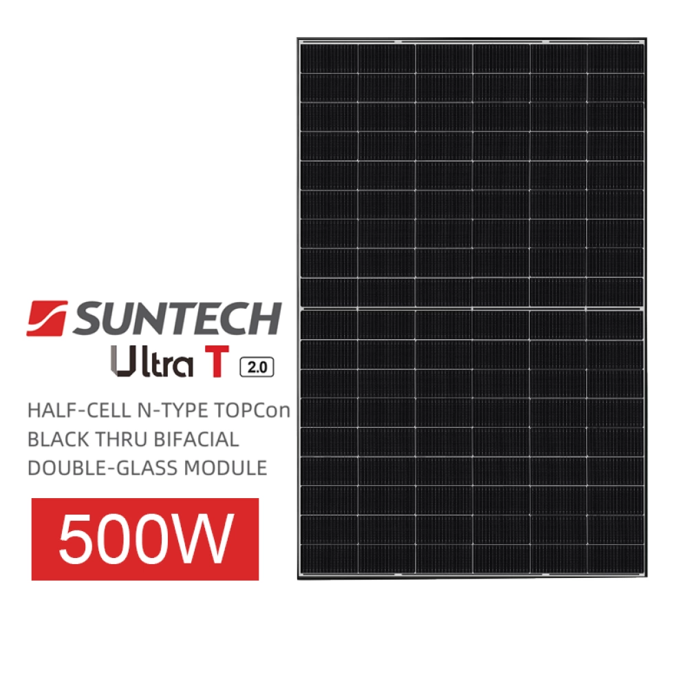 Panou Solar Suntech Ultra T 2.0 500W HALF-CELL N-TYPE TOPCon  BLACK THRU BIFACIAL DOUBLE-GLASS MODULE